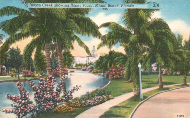 Postcard FL Miami Beach Indian Creek Roney Plaza Linen Vintage PC J3742