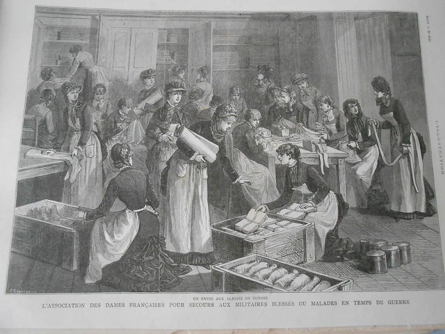 Gravure 1881 - Tunisie Dames francaises pour secours aux militaires blessés