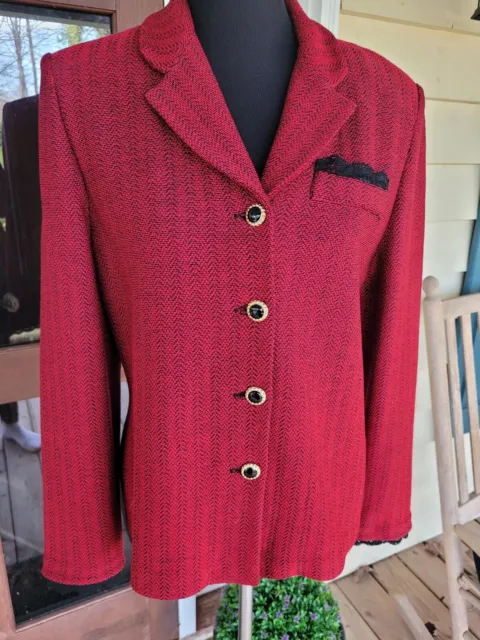 Womens St John By Marie Gray Red/Black Micro Chevron Jacket Santana Knit Size 10