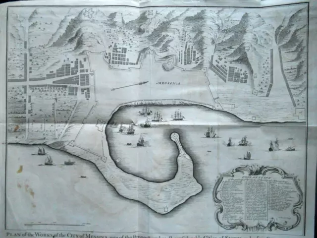 Plan of the Works of the City of Messina (c1745) Sicily Map, Italy, Seaport RARE