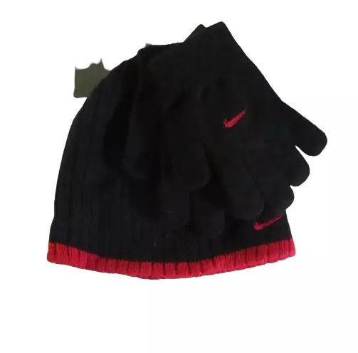 NWT Nike Youth Boys Knit Beanie and Gloves 2-Piece Set OSFA Black/Red