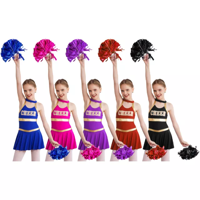 DE Mädchen Cheerleading Uniform Tanz Outfit Kleider Top + Rock Pom Poms Karneval