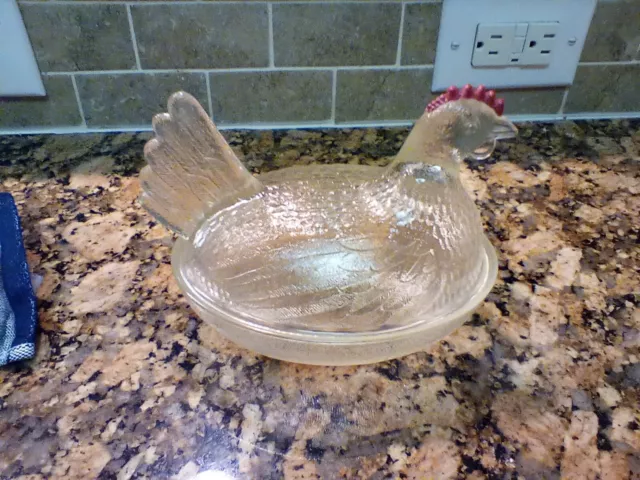 Clear Pressed Glass Red Crown Chicken Farm Animal Bowl Dish w/ Cover Vintage Old