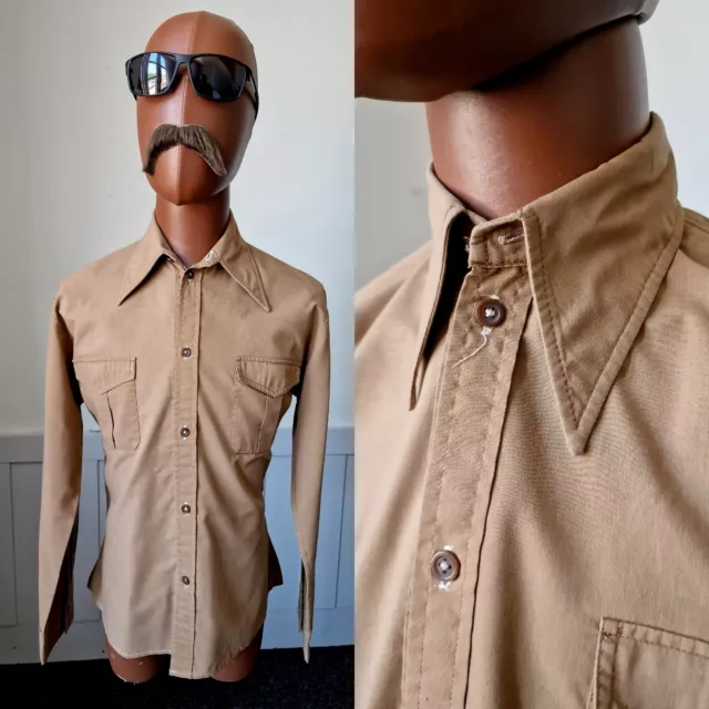 CAMICIA VINTAGE ANNI 60/70 Collaro a Punta! Piccolo | Dandy mod cotone marrone ZE01