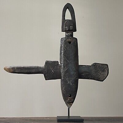 Large Antique Hand Carved African Dogon Lock on Stand/Brutalist/Folk Art