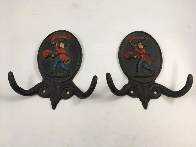 Cast Iron Wall Coat Hooks Top Hat Man Blowing Horn Figure Vintage Set of 2