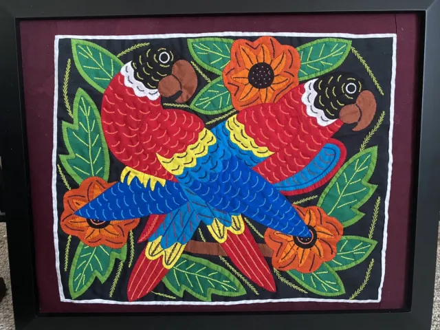 Folk Art Wall Picture Textile Kuna Quilt Panel Stitch APPLIQUE PARROT BIRDS Kuna