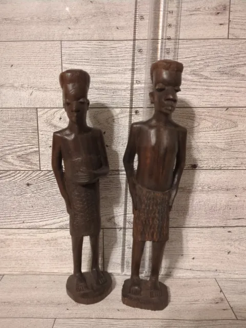 Vintage Hand-Carved African Male 7 1/2" Female 7" of Ebony Wood Made in Kenya