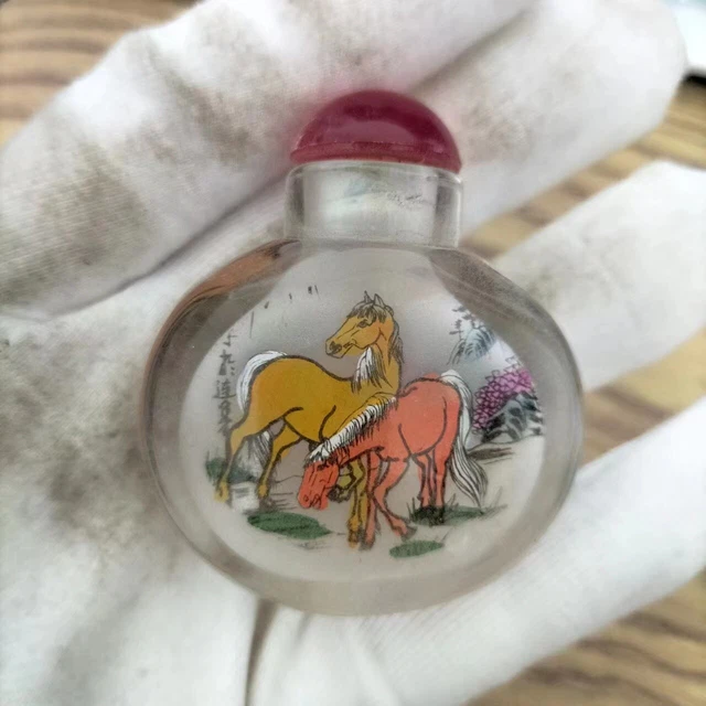 55MM Chinese Inside Painting Glass 12 Zodiac Animal Horses Snuff Bottle