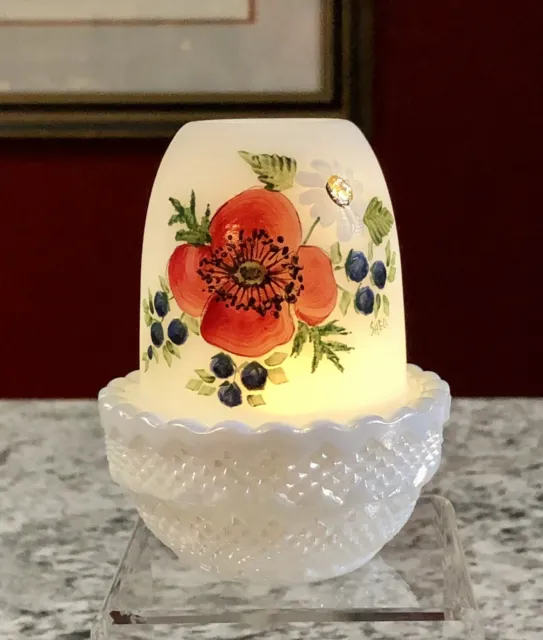 Mosser Glass - Small 3.5" Fairy Lamp Glimmer Light - Hand Painted Red Floral