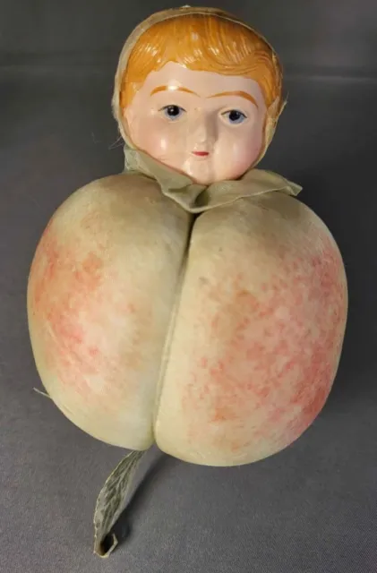 Antique Celluloid Pin Cushion Doll. Peach Half Doll. Unique Fruit Pincushion