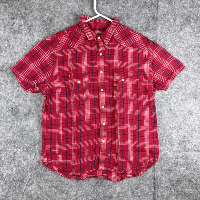 Lucky Brand Shirt Mens XL Red Plaid Button Up Short Sleeve California Fit Linen