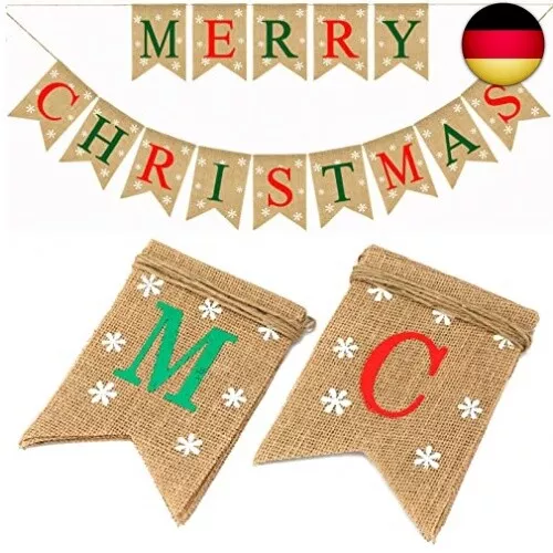 Frohe Weihnachten Jute-Wimpelkette Banner, 4.8M Jute Vintage Girlande mit 14