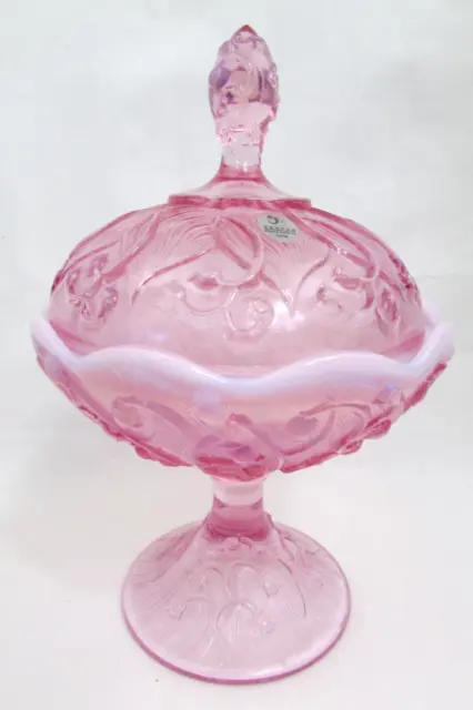Vintage Fenton Glass Pink Opalescent Lily of The Valley Covered Dish 9.5" Tall