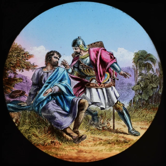 ANTIQUE Magic Lantern Slide PILGRIMS PROGRESS NO90 C1890 DRAWING KNIGHT