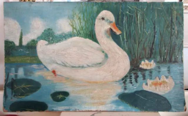WHITE DUCK in LILY PAD POND Antique Naive Rustic Oil Painting on Board  10 x 16