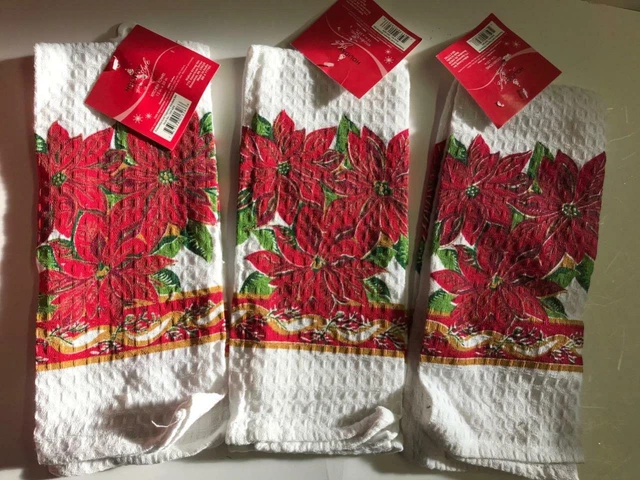 NUEVO 3 piezas Plato Mano Toalla Cocina Juego Navidad Poinsettia Flor Oro Regalo