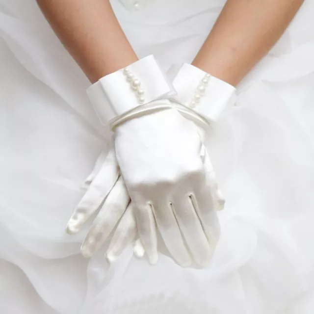 Women Girls Gloves Imitation Pearls Bowknot Wedding Full Finger Mittens