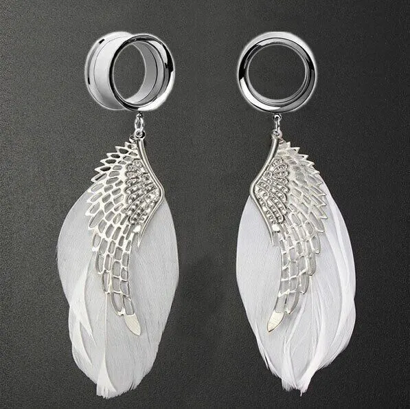 Pair White Feathers and Wings Ear Gauges Ear Tunnels Plug Body Jewelry Piercings