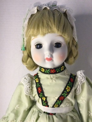 Porcelain Doll with Green Mesh Dress Blonde Hair Blue Eyes 16"