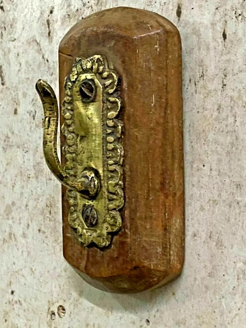 Old Vintage Rare Hand Carved Wooden & Brass Unique Wall Hanging Hook Hanger
