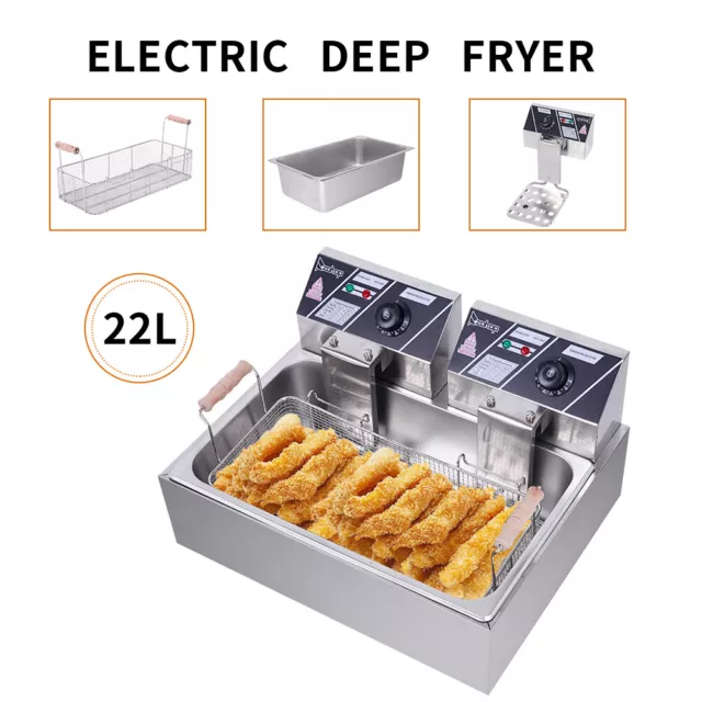 5000W 12/22L Stainless Steel Electric Deep Fryer Dual Tank Commercial Restaurant