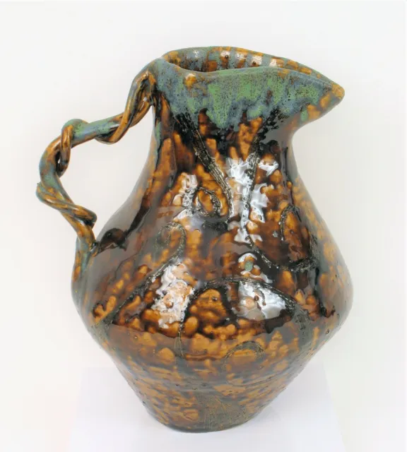 Vintage Large Majolica Ceramic Vessel Pitcher Jug Artist Signed Ornate Pottery !