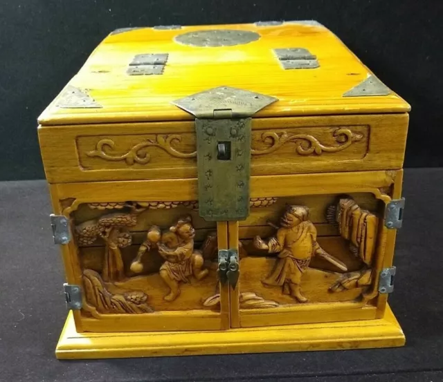 * Antique Asian Geisha Makeup Vanity Hand-Carved Wood Jewelry Box