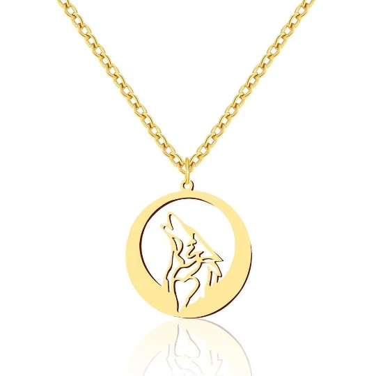 Solid 14K Gold Wolf Head & Moon Pendant Wild Animal Lover Jewelry Gift(NO CHAIN)