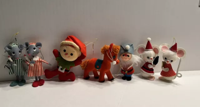 Vintage 7 Felt Flocked Christmas Ornaments LOT  Santa Mice, Pixie,Elf,Horse