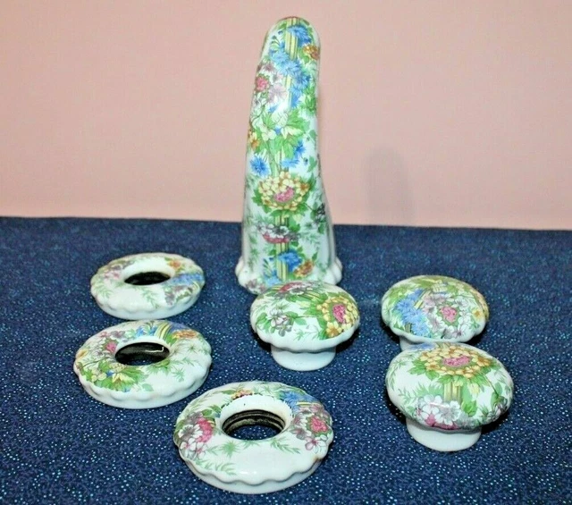 OOAK Vintage Porcelain Flowered Painted Bathtub Faucet, Knobs, Rings, Hardware