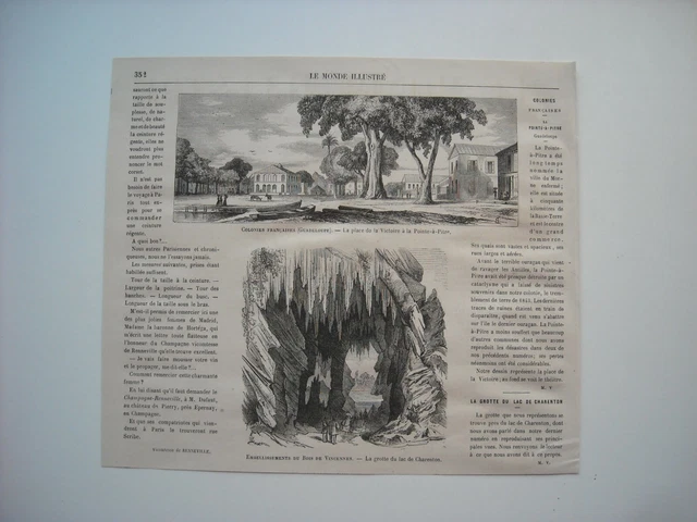 Gravure 1865. Guadeloupe, Place Victoire Pointe-A-Pitre. Grotte Lac De Charenton