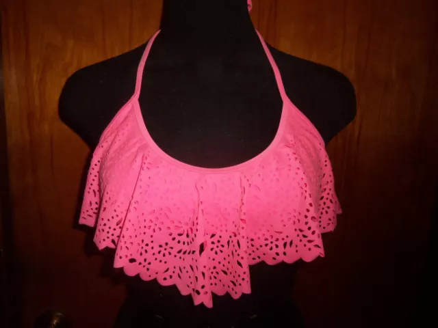 Victoria's Secret Beach Sexy Pink Flounce Halter Bikini Ruffle Laser Cut Top M