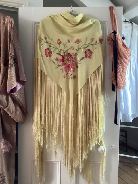 Vintage Yellow Silk Piano Shawl, Pink Embroidery, Fringed.