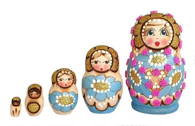 Matriochka Poupées Russes 5 Pièces - Bleu Et Blanc - Peinte à La Main Par Titova - Russie