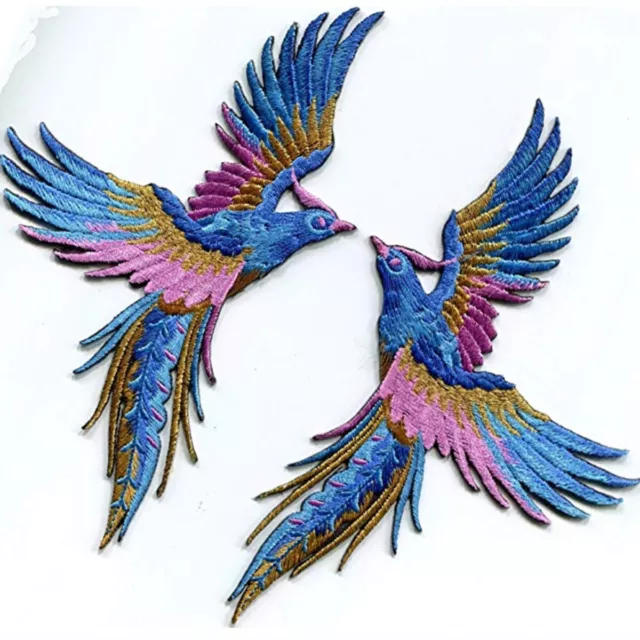 1 paio di applique ricamate Phenix Birds azzurre blu rosa oro toppe con ferro