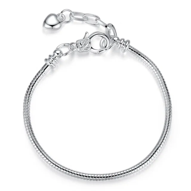 Silver Plated Love Heart Cuff Bracelet Snake Chain Fits European Charm Beads