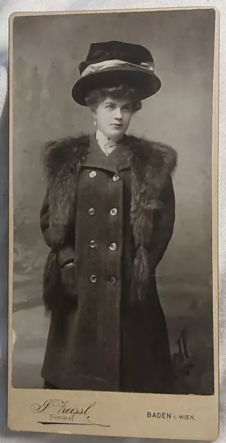 Vintage Old CDV Photo of Wealthy Edwardian Era Woman Fur Hat Coat Fashion BADEN