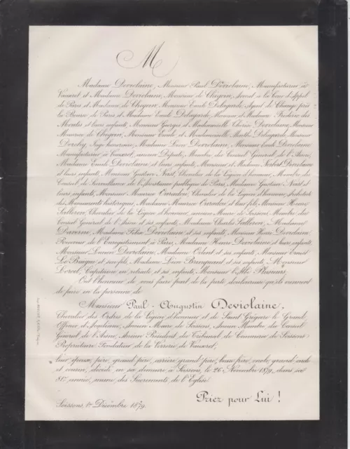 Faire-part décès Paul DEVIOLAINE (1799-1879), maire de Soissons (Aisne).