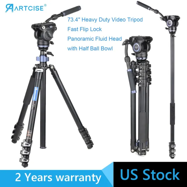 ARTCISE 73.4" Professional Heavy Duty Video Tripod Fast Flip Lock + Fluid Head