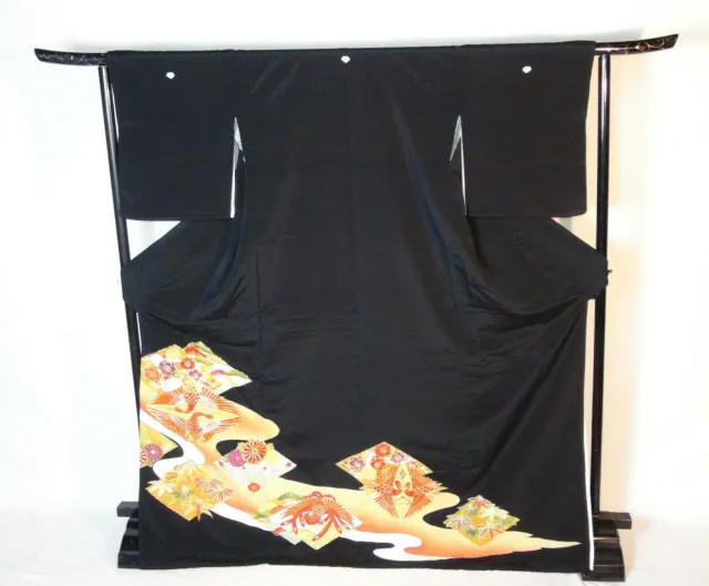 Japanese kimono TOMESODE SILK crane 5 mon crest emblem KINSHI gold thread