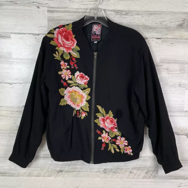 JOHNNY WAS Black Bomber Jacket Embroidered Flowers Women’s S Full Zip