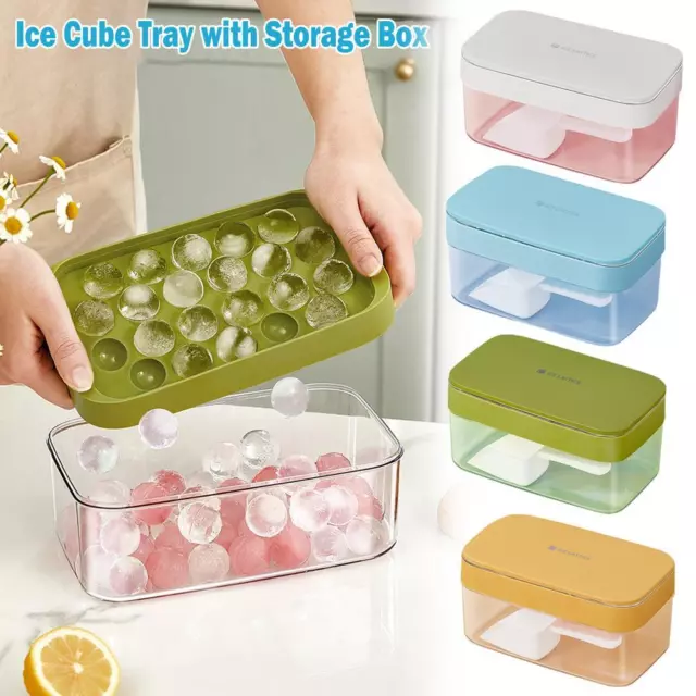 ¡Bandeja de cubo de hielo en forma de bola redonda molde de cubo de hielo con caja de almacenamiento de tapa!