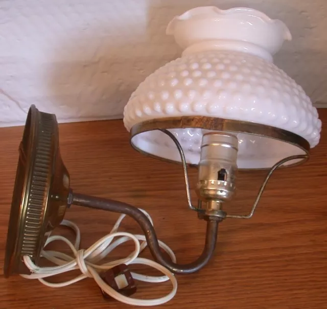 Vintage White Hobnail Milk Glass & Metal Lamp Light Wall Mount Sconce