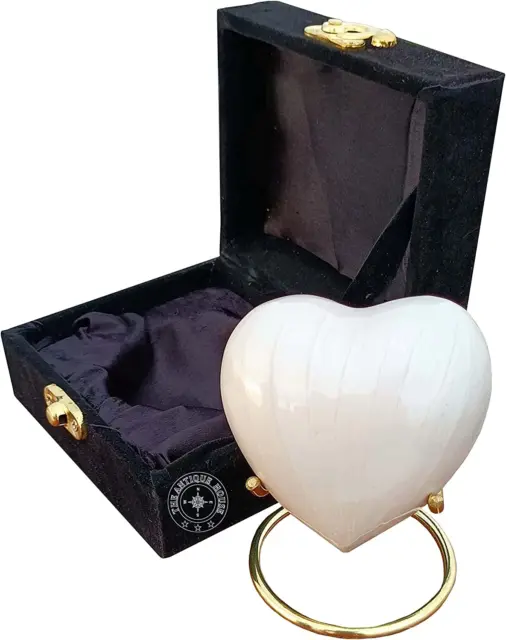 White Cremation Urn for Ashes Keepsake Heart Urn with Black Box and Brass Stand