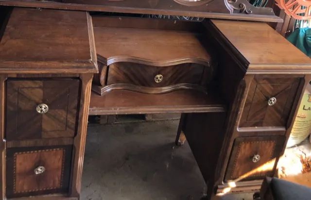 Antique Art Deco Beautiful Wooden Vanity Table and Chair with NO Mirror. As Is