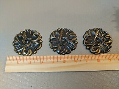 Lot 3 Vtg Large Round Floral Brass  Single Hole Drawer Pull Backplate Amerock