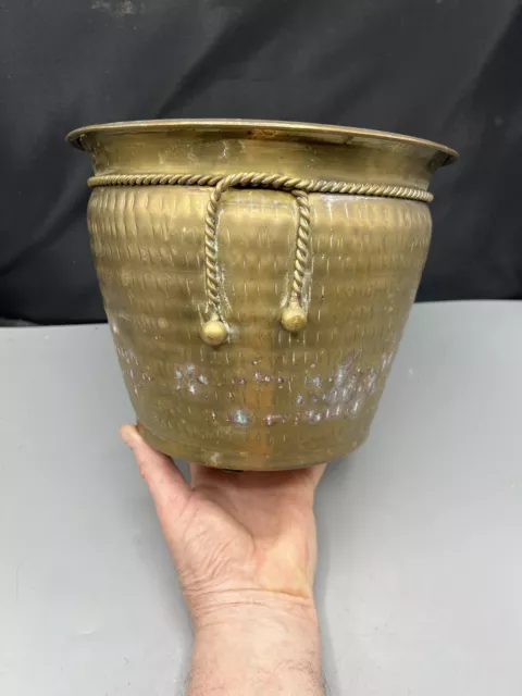 Vintage Brass Flower Planter Pot Decorative Finish With Faux Brass Rope Tie 80s