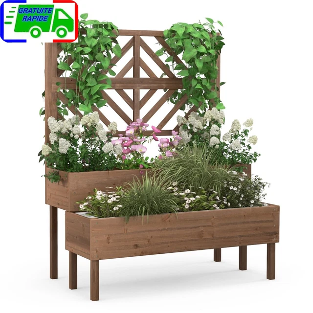 Jardinière Treillis En Bois 64 X 28 X 75 Cm - Bac à Fleurs Avec Treillis Pour Plantes Grimpantes
