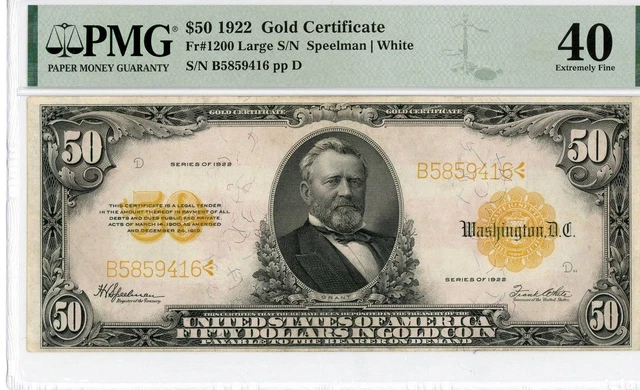 NobleSpirit No Reserve US 1200 1922 $50 Gold Certificate PMG 40